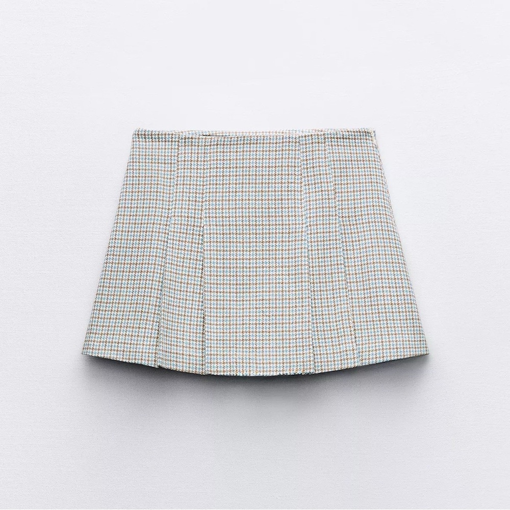 Zara Plaid Box Pleated Skort Skirt - Blue White Brown High Waist Sz. XL  NEW $45